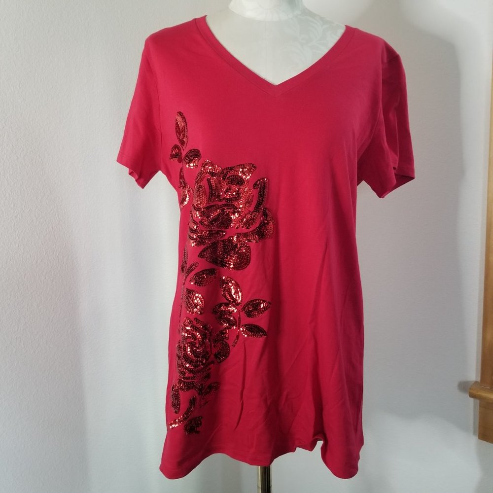 Red Short Sleeve with Sequin Roses L